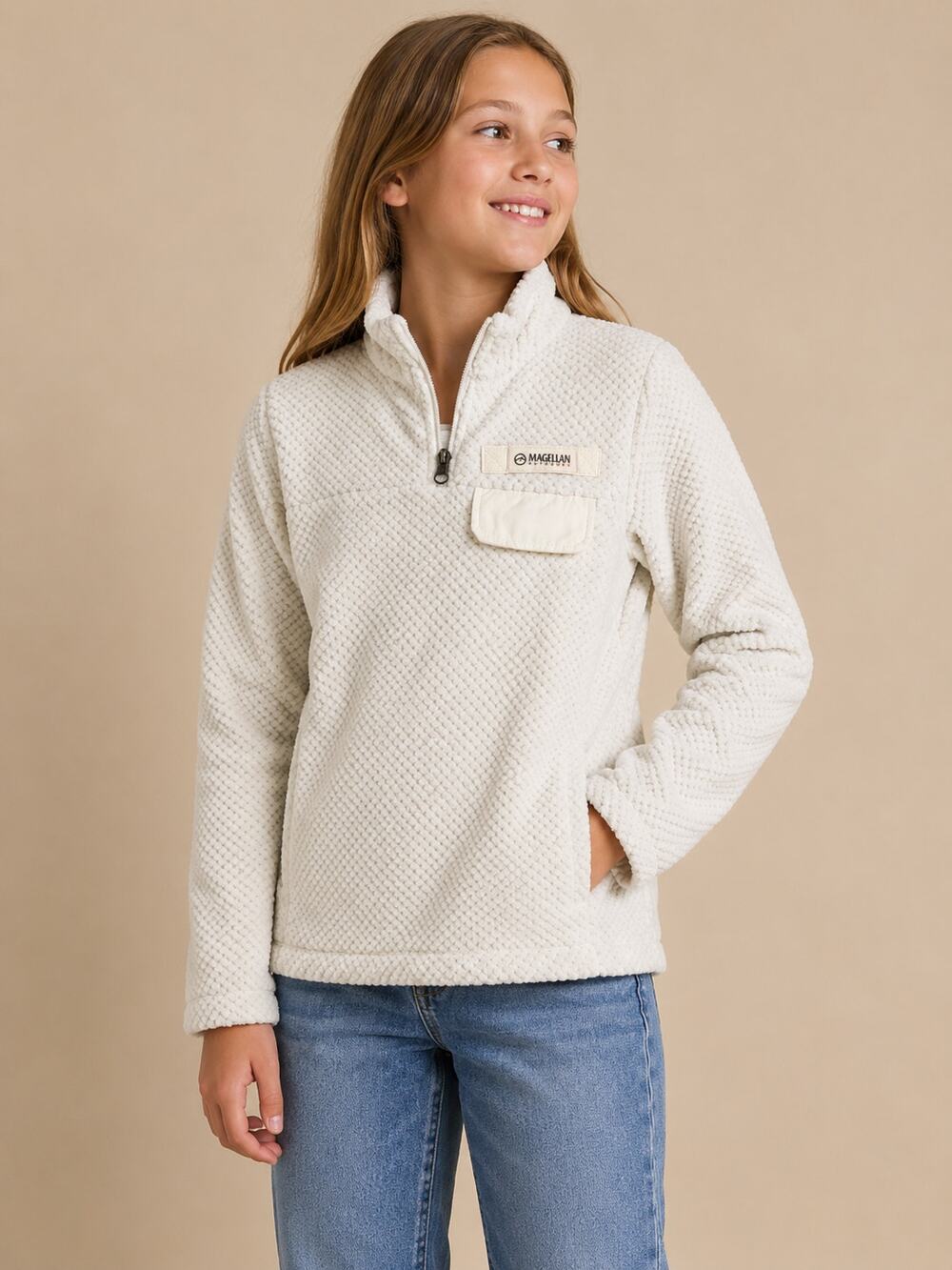 Magellan Girl's Sweater Pull Over Small White Teddy Quarter Zip Jacket